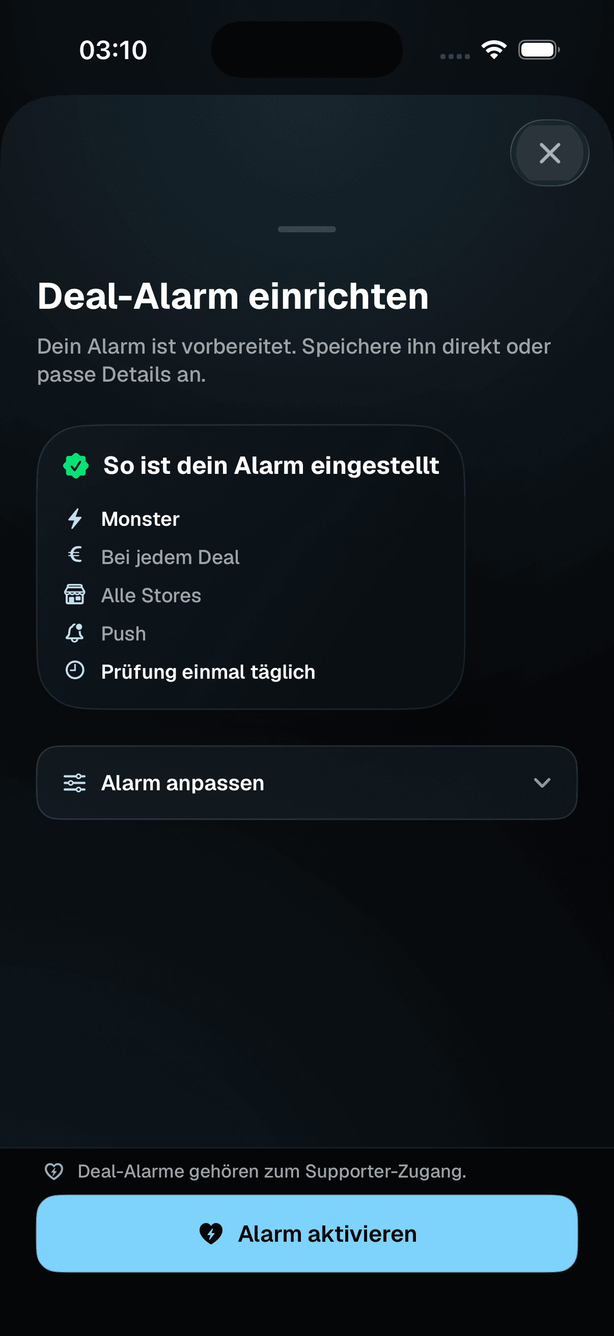 Beispielansicht eines Deal-Alarms in der iPhone-App: Monster, alle Stores, Push und die tägliche Prüfung sind vor dem Kauf zusammengefasst.