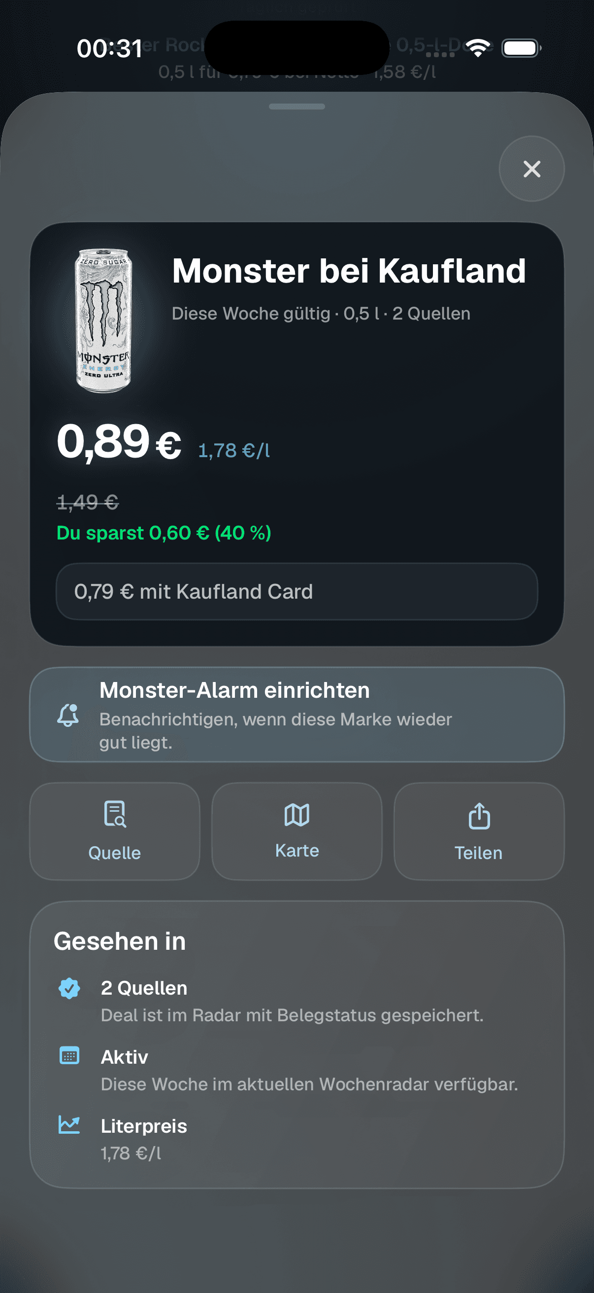 Beispielansicht eines Monster-Deals bei Kaufland: Dosenpreis, Literpreis, Ersparnis, Quellenstatus und Deal-Alarm bleiben nachvollziehbar.