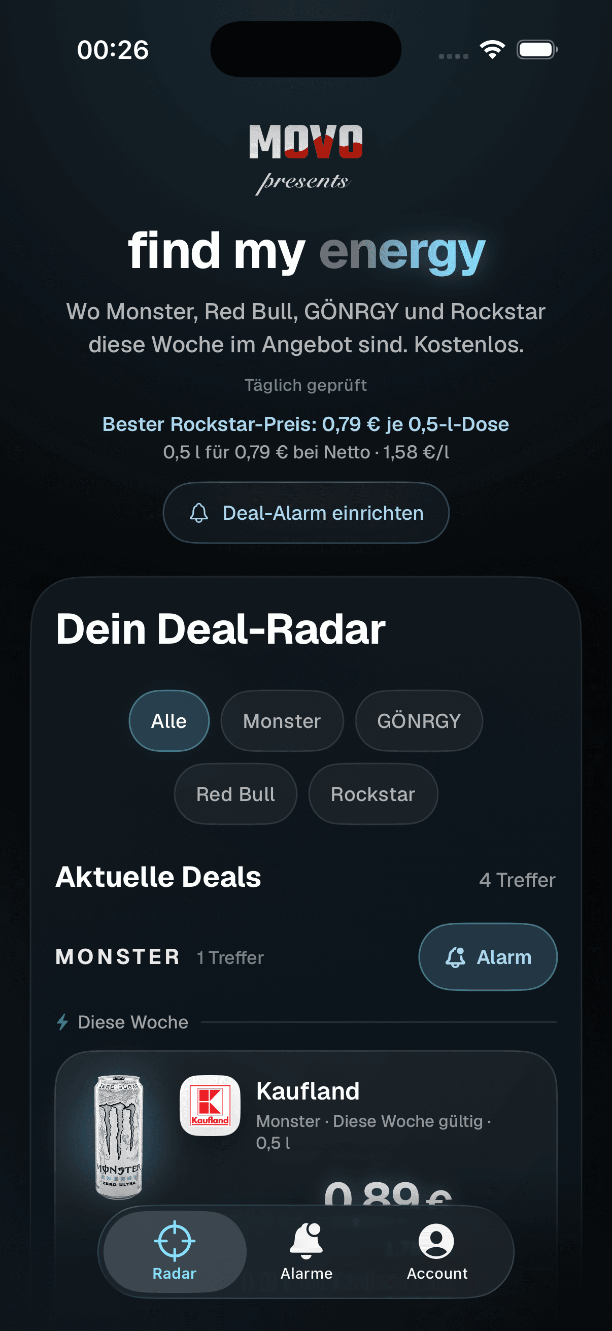 Beispielansicht von Find My Energy auf einem iPhone: Der kostenlose Radar zeigt Energy-Deals mit Dosenpreis, Literpreis und Deal-Alarm-Einstieg.