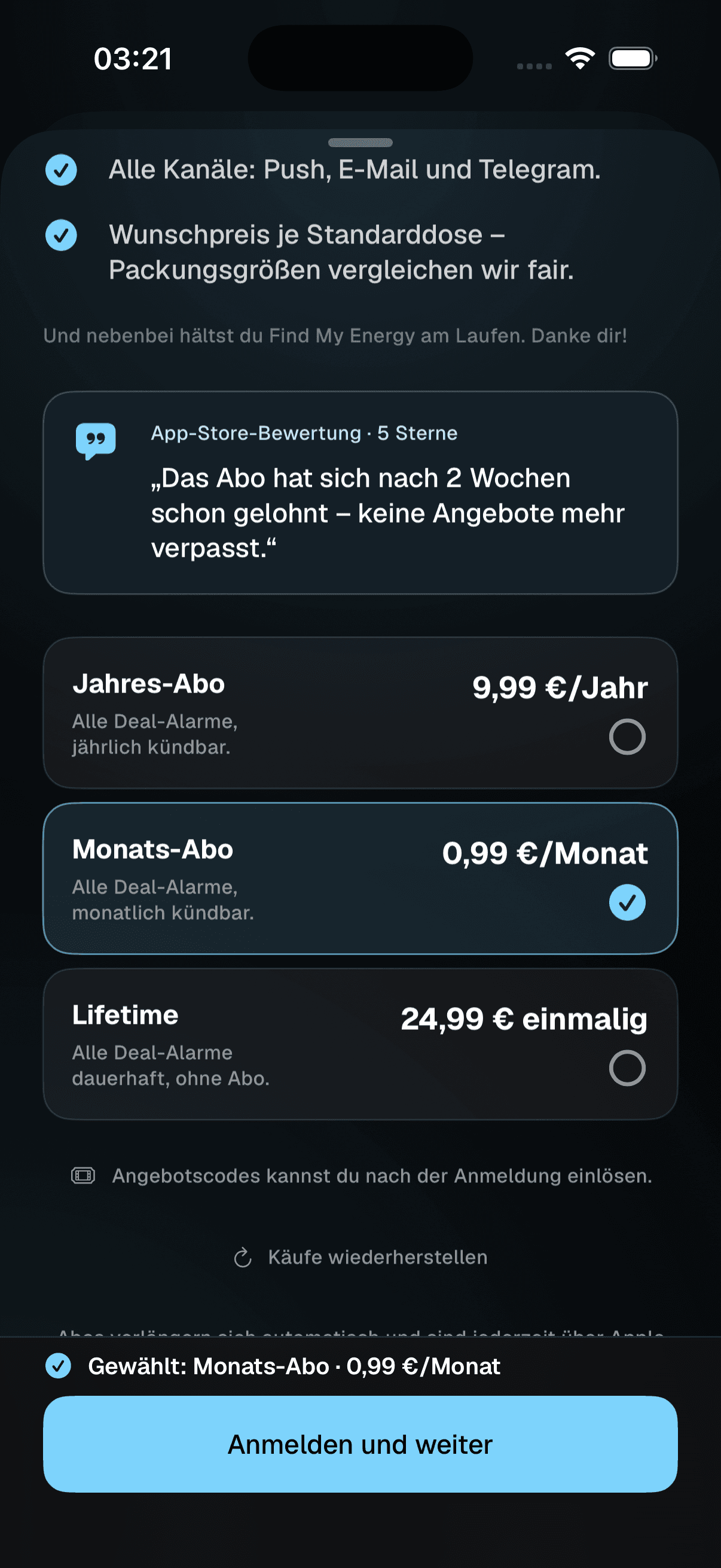 Beispielansicht des Supporter-Kaufwegs in der iPhone-App: Deal-Alarm-Nutzen, verifizierte Fünf-Sterne-App-Store-Bewertung, drei Tarife und das ausgewählte Monats-Abo sind vor dem Login sichtbar.