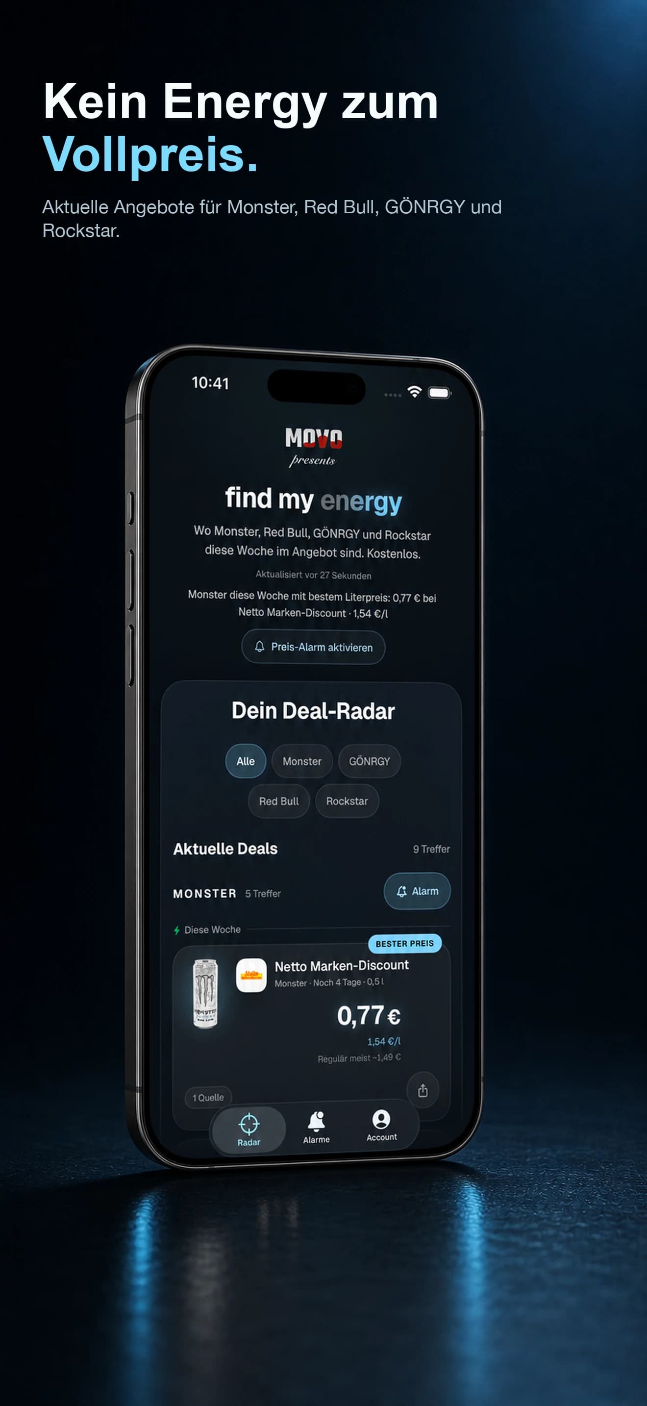 Find My Energy zeigt aktuelle Energy-Deals mit Preis und Markt.