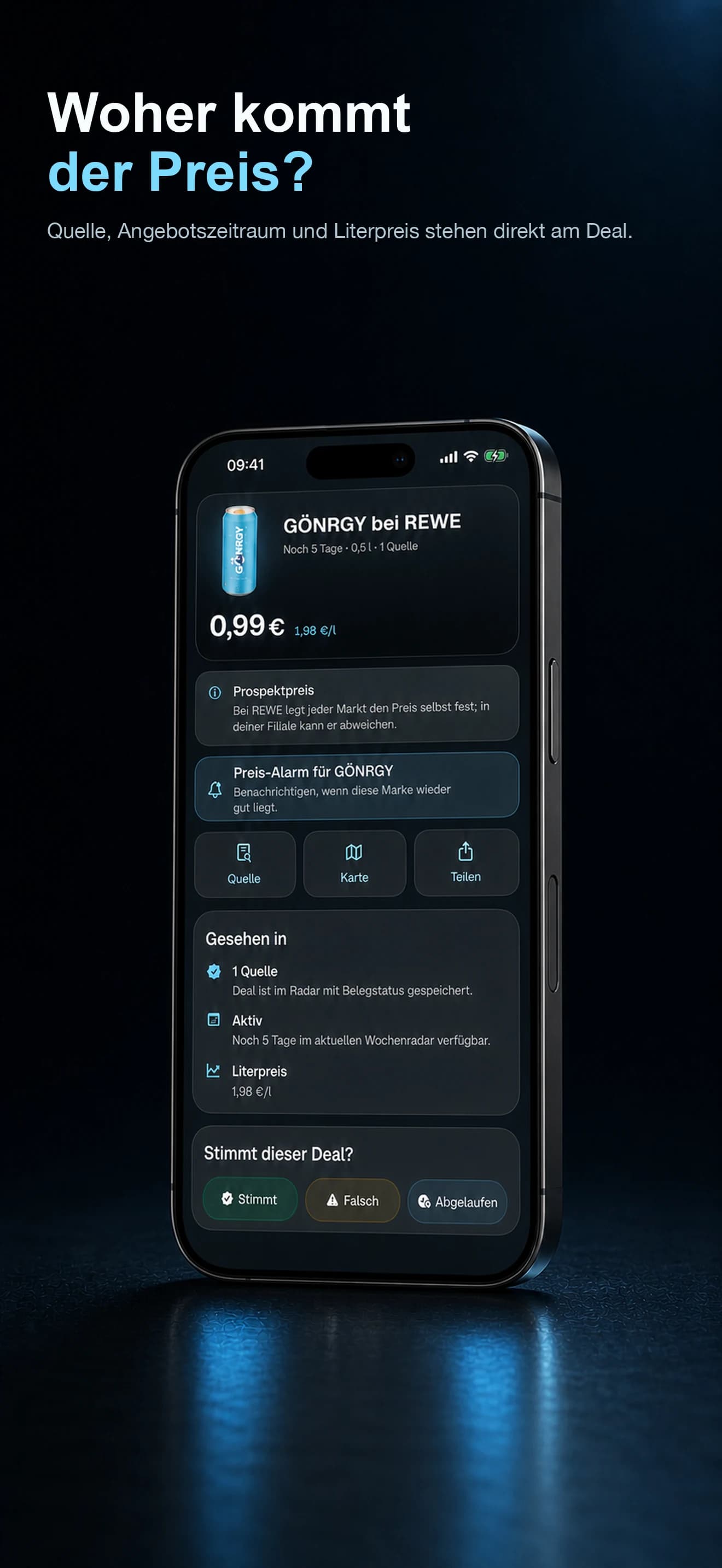 Die App zeigt Preis, Markt und Quelle eines Energy-Deals.