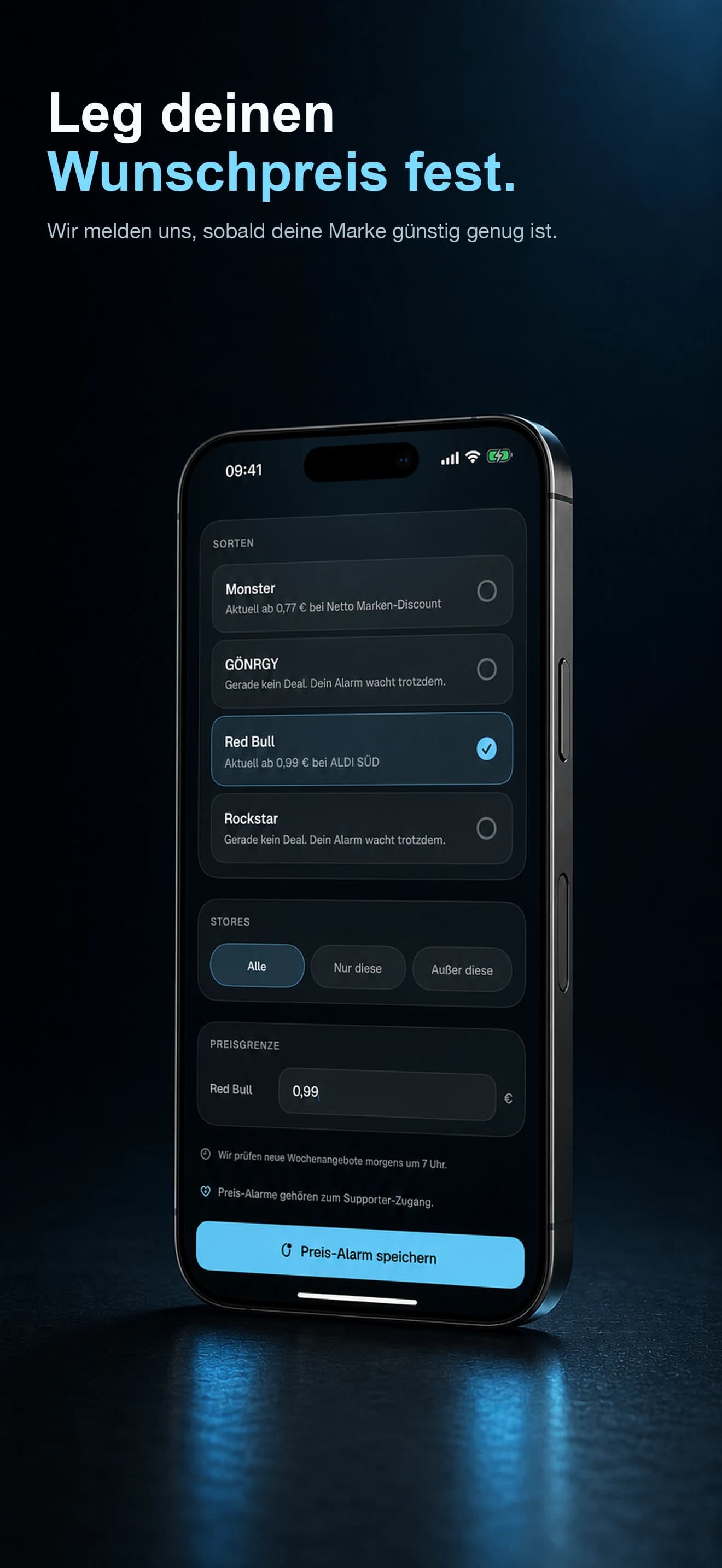 In Find My Energy wird ein Wunschpreis für eine Energy-Marke festgelegt.